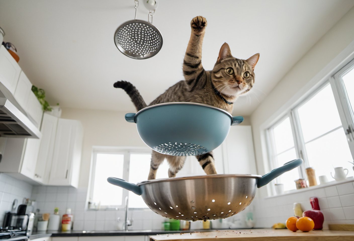 A cat riding a colander, floating in midair in the kitchen, shot from below