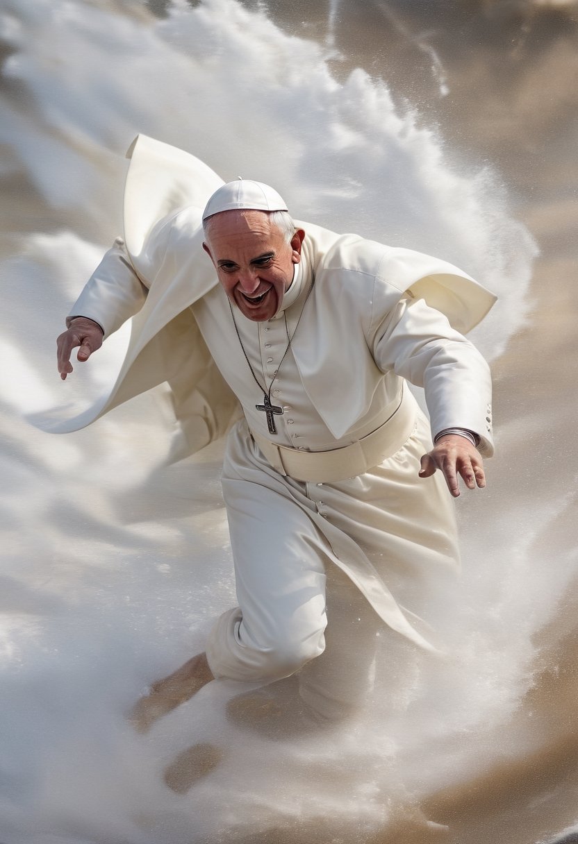 Close up of The pope Francis flying into the air from a big wave. action shot,  action shot,  surfing by NobodyButMeow on...