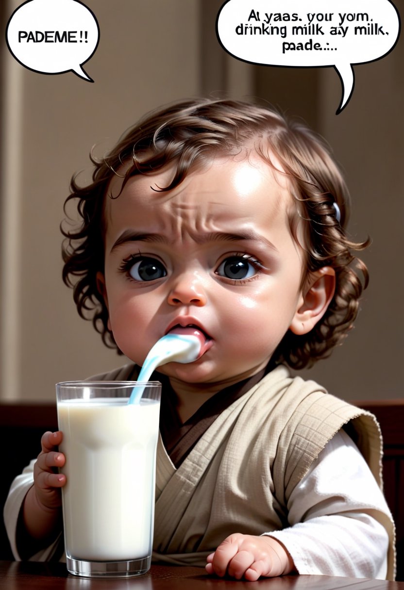 Baby Anaki Skywalker,  drinking milk ,  Comic strip speech bubble says "Padmé". by NobodyButMeow on Tensor.Art