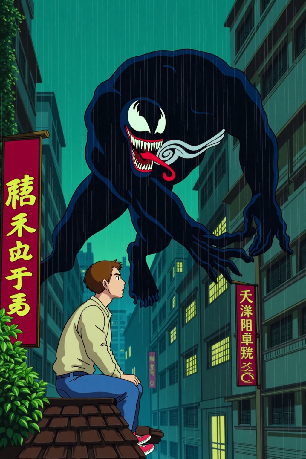 ghiblistyle. A rainy night scene in a Japanese urban setting. A man, with short brown hair and light skin sits on a low, on balcony, faces a looming and towering figure of Venom who advances on the same structure. The man wears a light beige long-sleeved shirt, blue jeans, and red shoes. Venom is depicted in his classic form: large, black, and muscular with a toothy grin, long red tongue, and white, menacing eyes. Moving on the same structure as the man, Venom is leaning down to interact with him. The background features a dense array of multi-story buildings with glowing windows and Japanese signage. Two vertical signs are prominent in the foreground. One, directly behind the man, is red with gold-colored characters (presumably Kanji). The other, on the lower left edge, is a lighter color with darker vertical text. The scene is filled with dark greens and blues, giving it a nocturnal and slightly melancholic atmosphere. Greenery, like vines and leafy plants, grows on the buildings and the structure where the man sits, contributing to the Ghibli aesthetic. The overall feel is a blend of the fantastical and the mundane, capturing both the menacing presence of Venom and the quiet beauty of a rainy night in Japan. The art style mimics the slightly grainy texture of traditional animation cels.