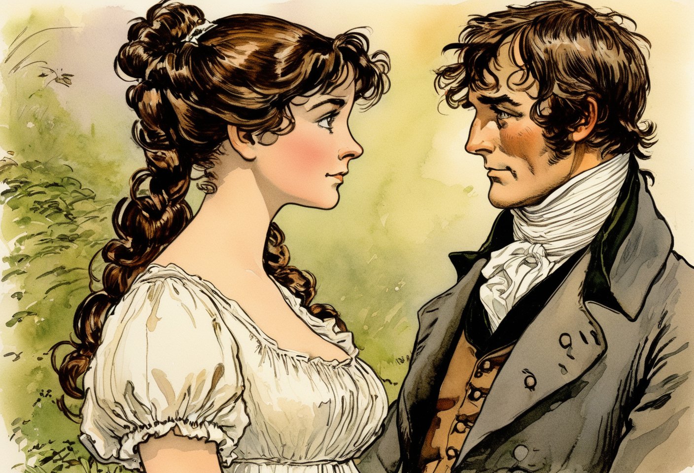 Art by E.H. Shepard. A couple staring intensely at each other.  Elizabeth Bennet and Mr. Darcy from Pride and Prejudice