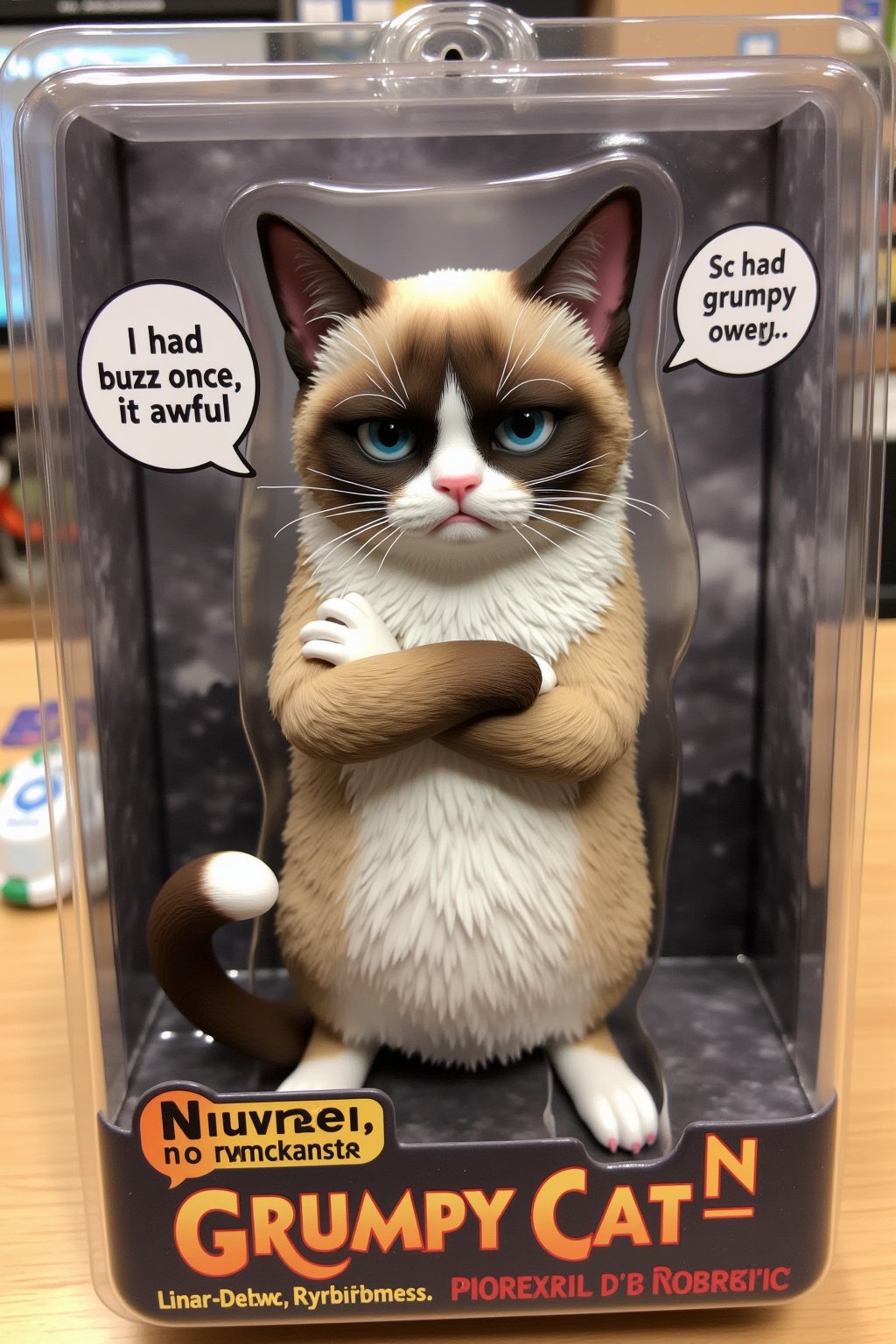 An unopened action figure package featuring Grumpy Cat in his signature grumpy pose, arms crossed, with a furrowed brow. The blister pack shows the text bubble next to him saying, "I had buzz once, it was awful." The background inside the packaging is a dim, gray cloud pattern, amplifying the grumpiness. The package design also features sarcastic remarks and highlights of "limited-edition grumpiness" along the sides, with the tagline at the bottom: "No buzz, no nonsense, just grump."