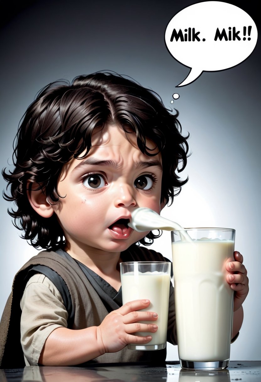 Baby Ben Solo,  drinking milk ,  Comic strip speech bubble "MILK!". by NobodyButMeow on Tensor.Art