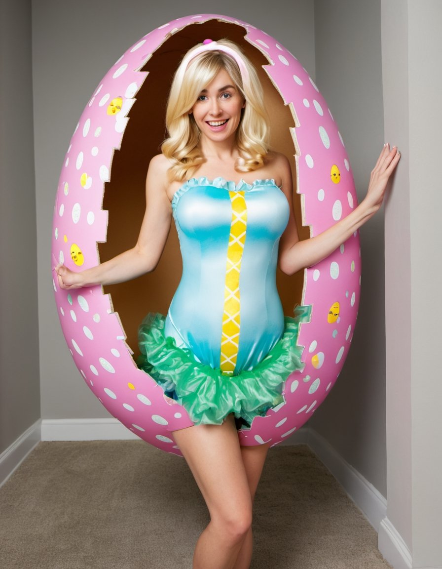 Photo of a Easter Egg Costume with a blonde woman inside