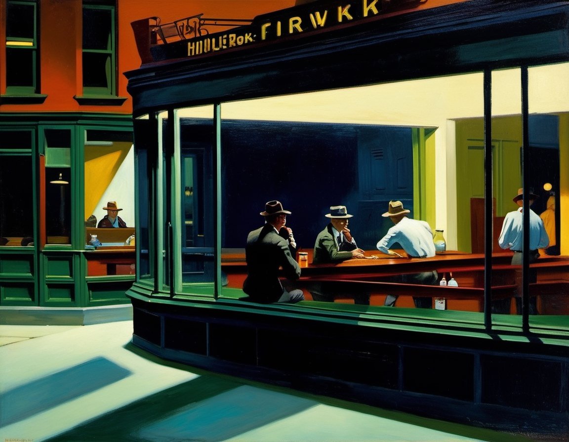 oil-on-canvas paintin Nighthawks 1942 art by Edward Hopper by NobodyButMeow on Tensor.Art