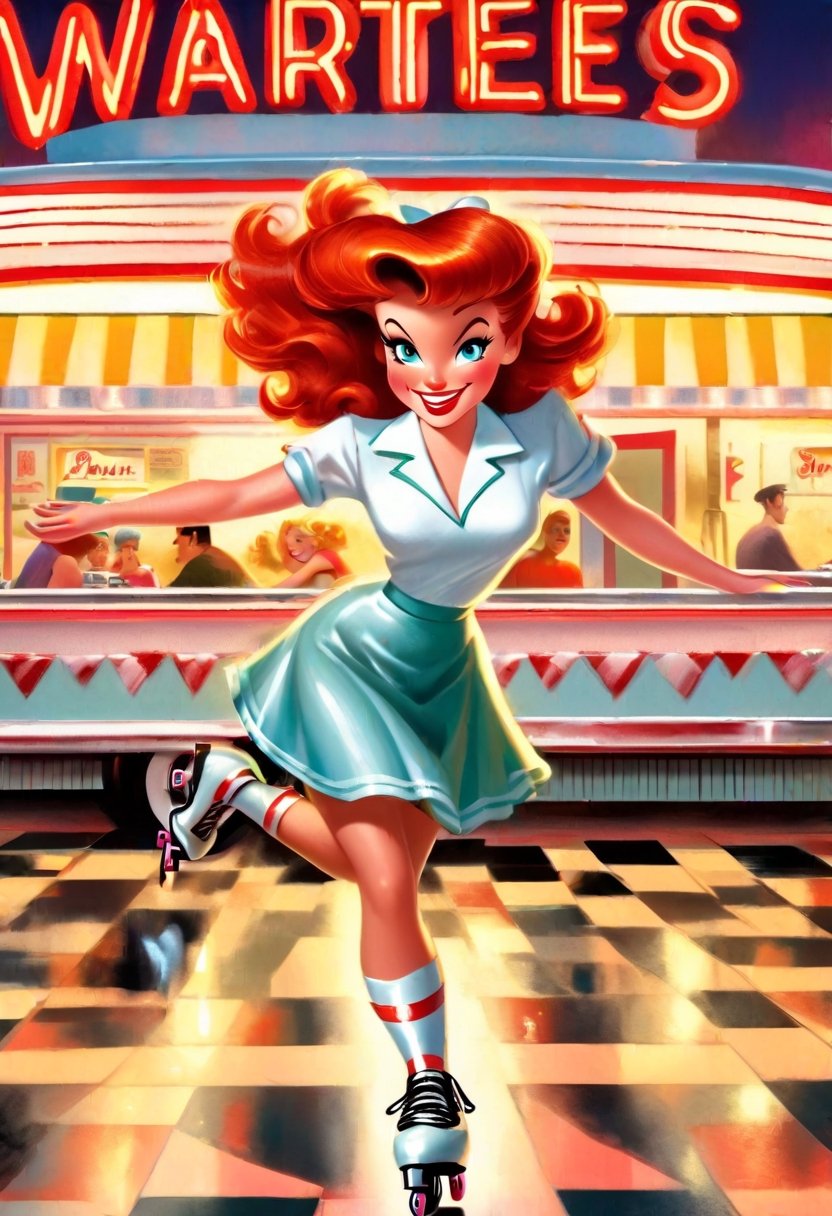Waitress,  red head,  roller skating by NobodyButMeow on Tensor.Art