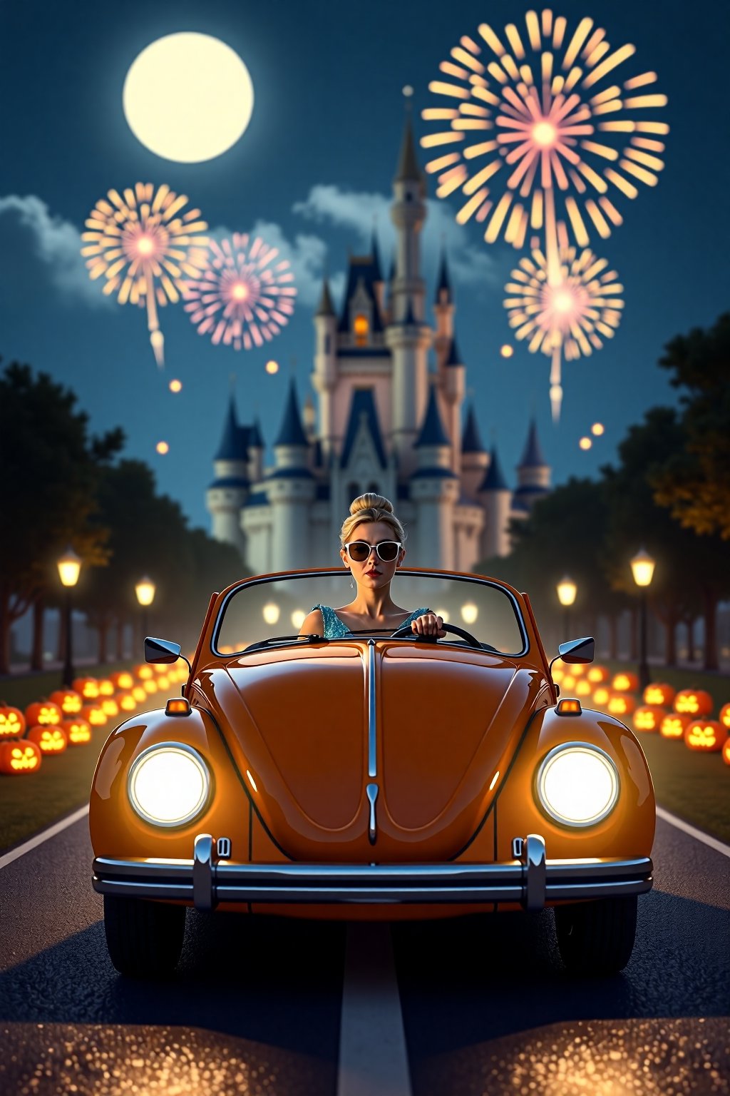 Cinderella driving volkswagen beetle painted like a pumpkin as she heads to the ball. Cinderella, dressed in her sparkling blue gown, wears cool aviator sunglasses, adding a modern and edgy twist to her classic look. The car is round and shaped like a giant pumpkin. In the background, a majestic castle stands illuminated under the night sky, with bright fireworks bursting above it. The road leading to the castle is lined with glowing pumpkins, adding a magical touch. The vibe is a mix of fairytale magic and modern cool. Soft moonlight, vibrant fireworks, modern fairytale aesthetic, whimsical yet stylish.