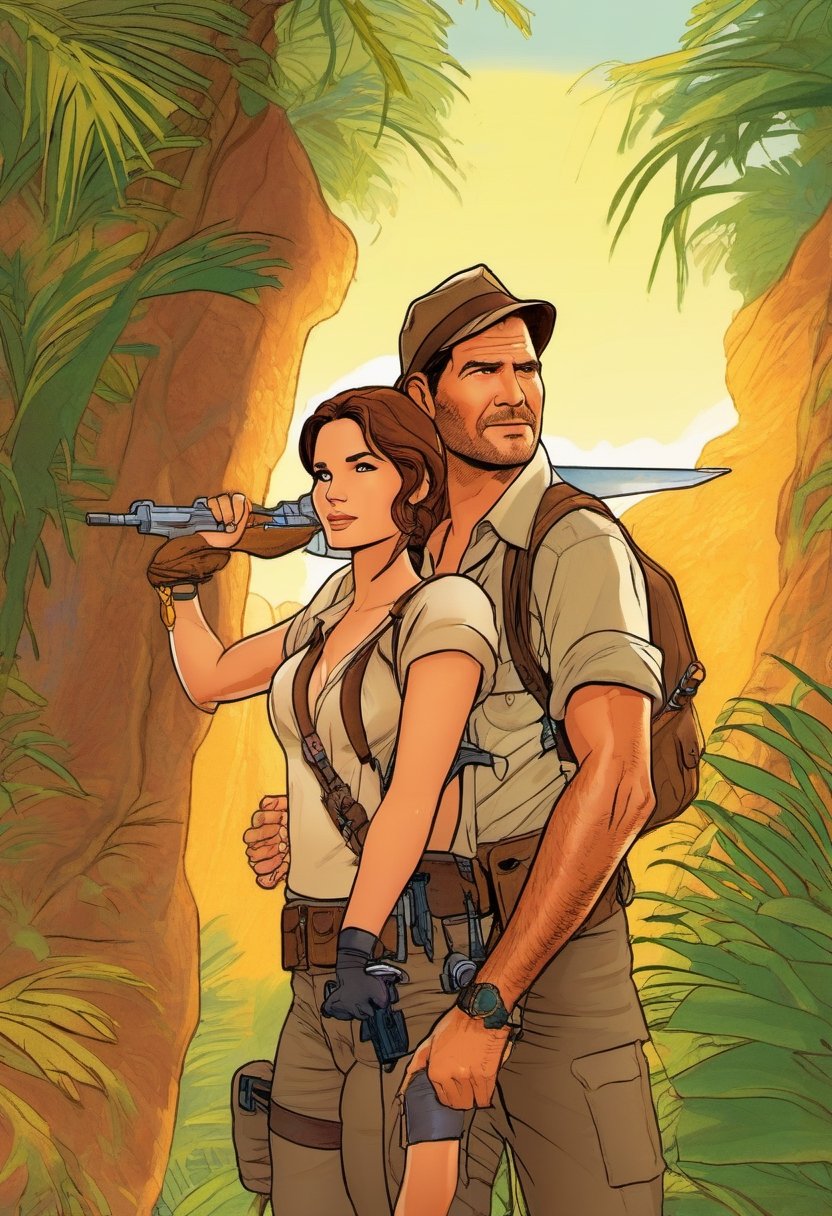 Indiana Jones hugging Lara Croft,  color Illustration by NobodyButMeow on Tensor.Art