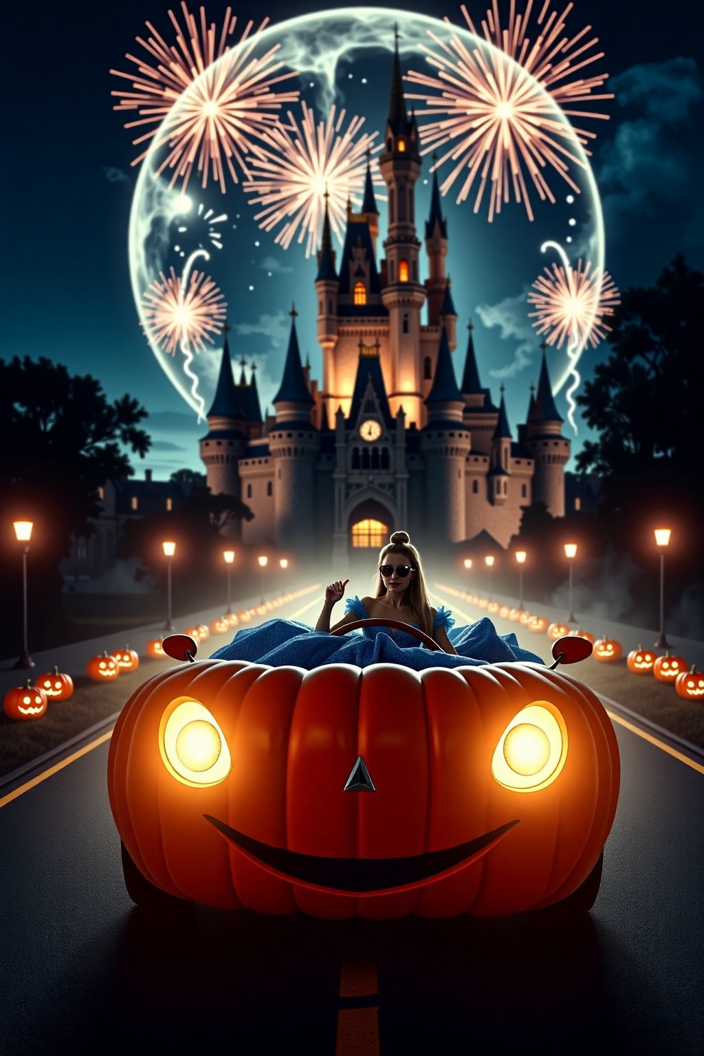 dark horror photography of Cinderella driving pumpkin-shaped car as she heads to the ball. Cinderella, dressed in her sparkling blue gown, wears cool aviator sunglasses, adding a modern and edgy twist to her classic look. The car is round and shaped like a giant pumpkin. In the background, a majestic castle stands illuminated under the night sky, with bright fireworks bursting above it. The road leading to the castle is lined with glowing pumpkins, adding a magical touch. The vibe is a mix of fairytale magic and modern cool. Soft moonlight, vibrant fireworks, modern fairytale aesthetic, whimsical yet stylish.  smoke and gas spirit rising up. horror scary glowing,AHaunted,