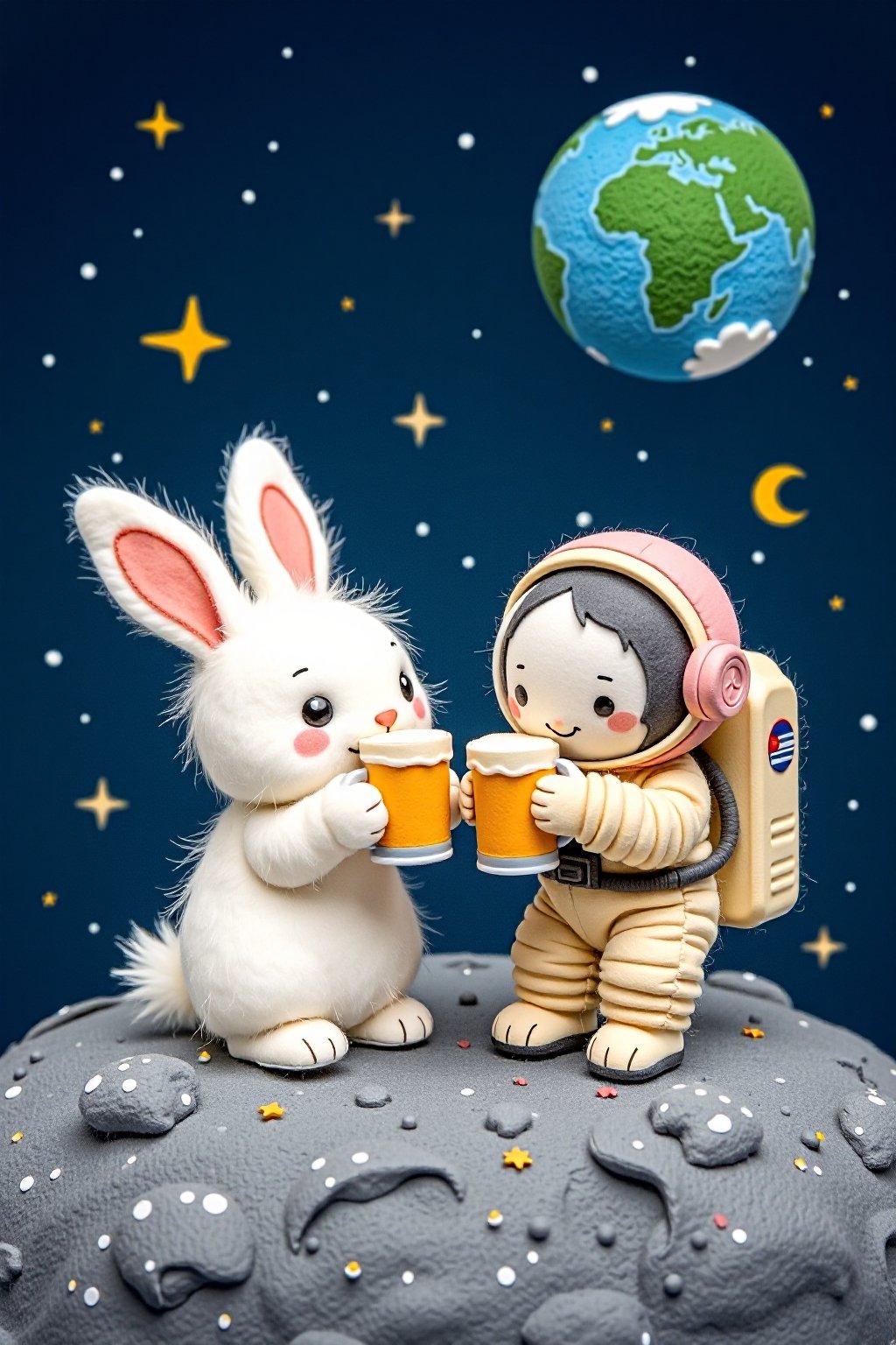 Felt material, suitable for illustrations in children's picture books. A fluffy and cute little white rabbit is drinking beer with an astronaut on the moon,   Background is the blue planet Earth and stars.