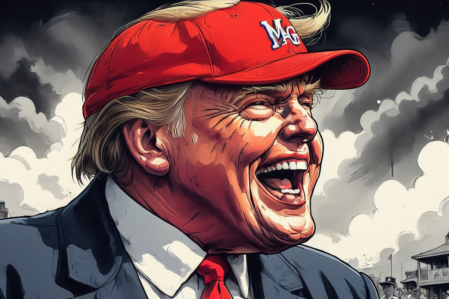 Close up of Donald Trump laughing with his mouth open, wearing MAGA baseball cap, ink art