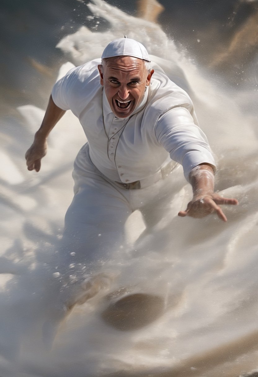 Close up of The pope Francis flipping while surfing a big wave. action shot,  action shot by NobodyButMeow on Tensor.Art