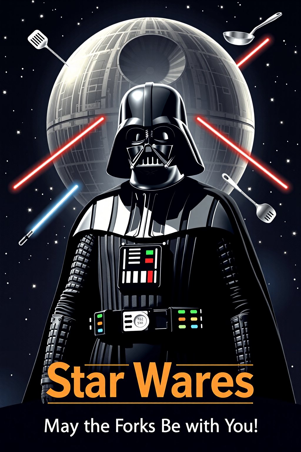 A parody movie poster titled "Star Wares,  " featuring Darth Vader with a kitchen colander hilariously replacing his iconi...