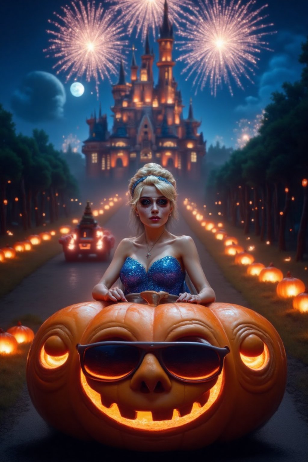 Cinderella driving pumpkin-shaped car as she heads to the ball. Cinderella, dressed in her sparkling blue gown, wears cool aviator sunglasses, adding a modern and edgy twist to her classic look. The car is round and shaped like a giant pumpkin. In the background, a majestic castle stands illuminated under the night sky, with bright fireworks bursting above it. The road leading to the castle is lined with glowing pumpkins, adding a magical touch. The vibe is a mix of fairytale magic and modern cool. Soft moonlight, vibrant fireworks, modern fairytale aesthetic, whimsical yet stylish.