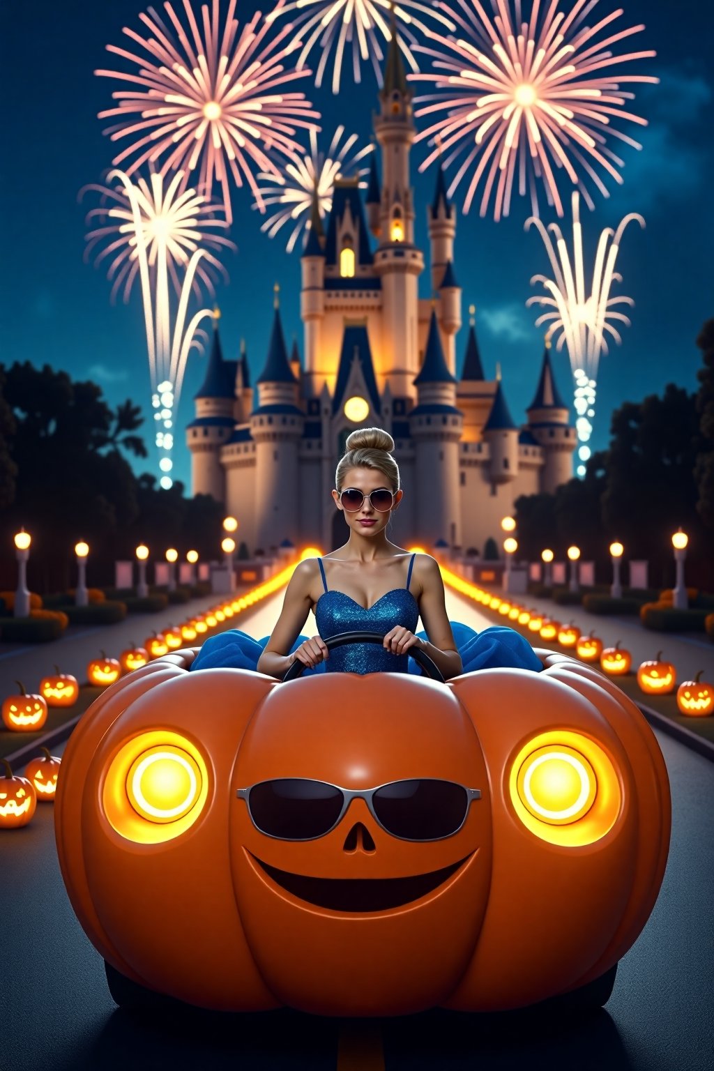 Cinderella driving pumpkin-shaped car as she heads to the ball. Cinderella, dressed in her sparkling blue gown, wears cool aviator sunglasses, adding a modern and edgy twist to her classic look. The car is round and shaped like a giant pumpkin. In the background, a majestic castle stands illuminated under the night sky, with bright fireworks bursting above it. The road leading to the castle is lined with glowing pumpkins, adding a magical touch. The vibe is a mix of fairytale magic and modern cool. Soft moonlight, vibrant fireworks, modern fairytale aesthetic, whimsical yet stylish.