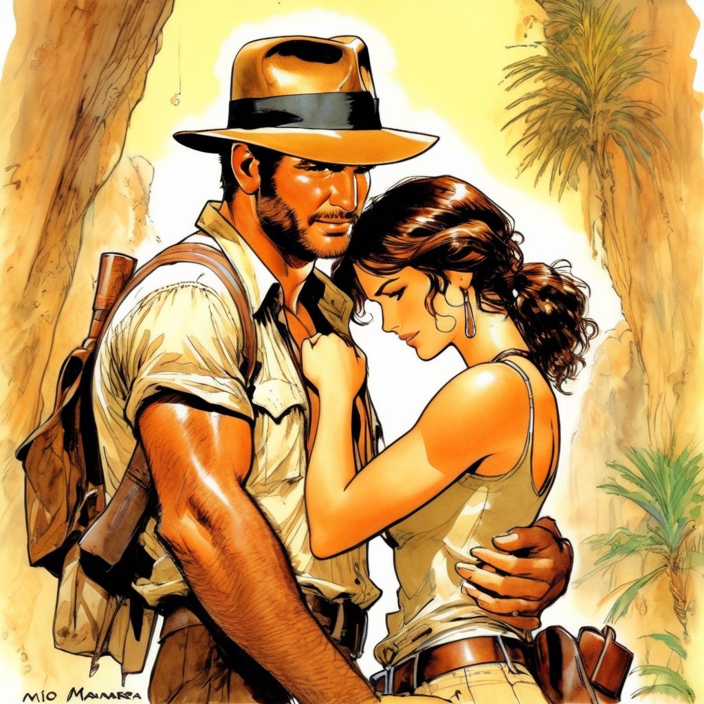 Indiana Jones hugging Lara Croft,  art by Milo Manara by NobodyButMeow on Tensor.Art