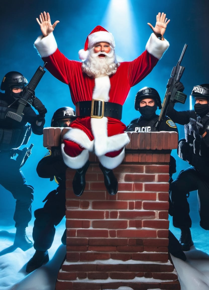 Photo of Santa,  both hands up in air in surrender,  standing beside a chimney with police SWAT team pointing their guns a...
