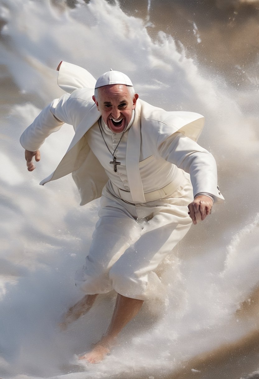 Close up of The pope Francis surfing a big wave. action shot,  action shot by NobodyButMeow on Tensor.Art