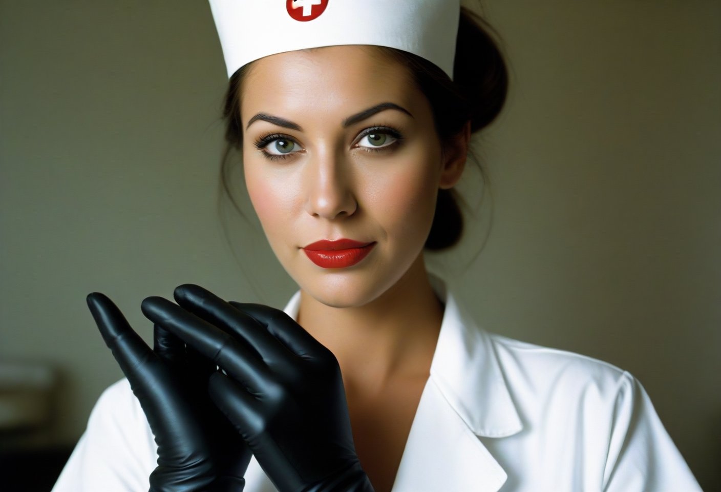 Instagram photo of 26 y.o sexy nurse, putting on rubber gloves, perfect detailed eyes, natural skin, hard shadows, film grain, style by J.C. Leyendecker. Canon 5d Mark 4, Kodak Ektar, 35mm