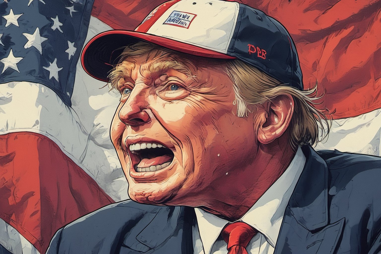 Close up of Donald Trump laughing with his mouth open, wearing MAGA baseball cap, ink art