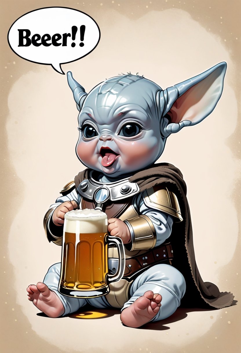 Madalorian as a Baby,  drinking beer ,  Comic strip speech bubble says "BEER!". by NobodyButMeow on Tensor.Art
