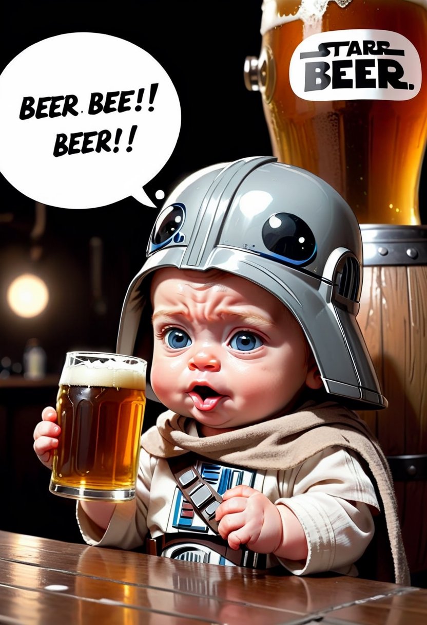 Baby Finn from Star Wars drinking beer ,  Comic strip speech bubble "BEER!". by NobodyButMeow on Tensor.Art