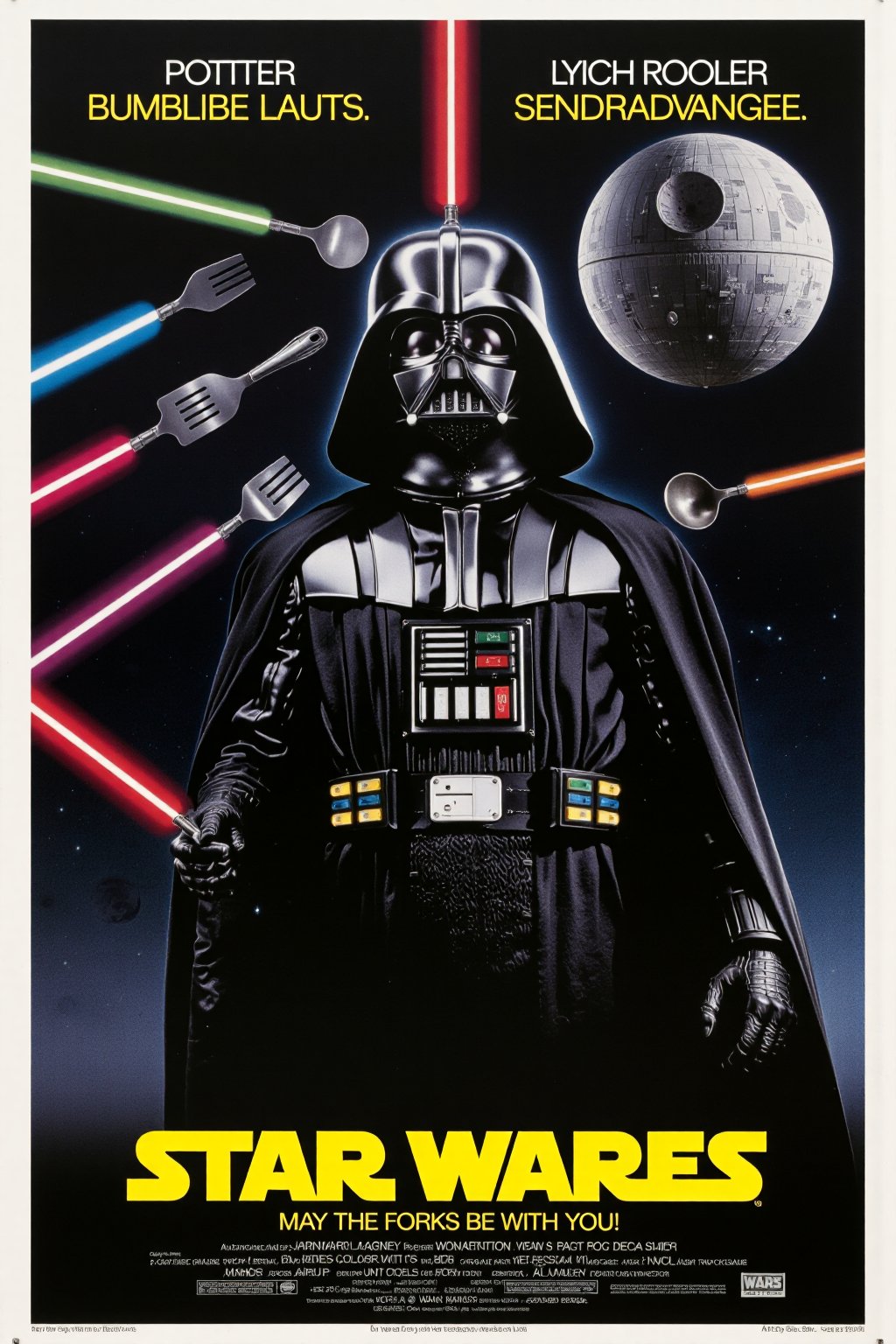 A vintage movie poster titled "Star Wares,  " featuring Darth Vader with a kitchen colander hilariously replacing his icon...