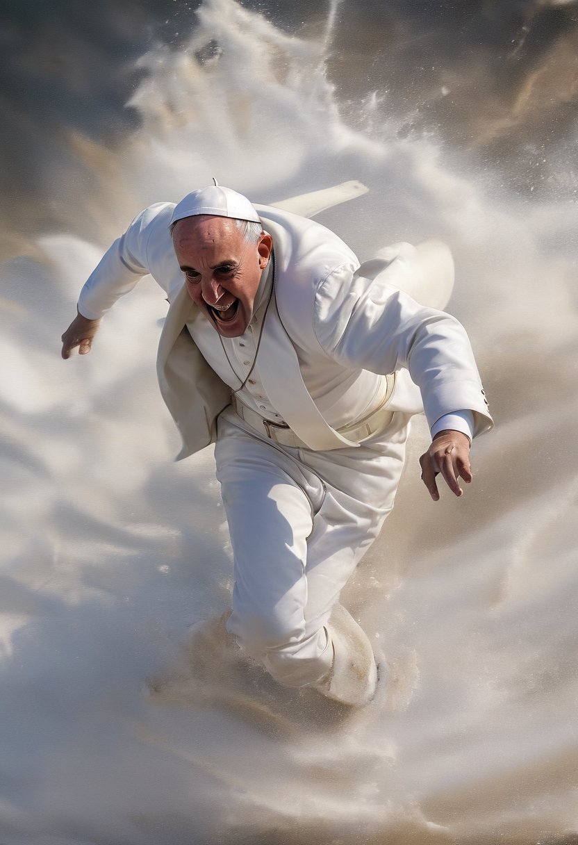 Close up of The pope Francis wiped out,  falling off while surfing a big wave. action shot,  action shot by NobodyButMeow...