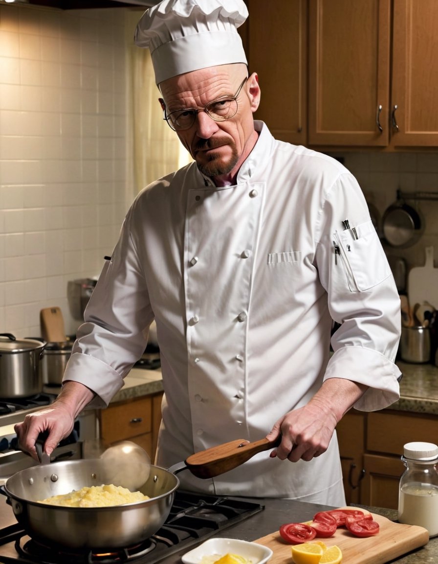 Walter White dressed as a chef cooking dinner in the kitchen