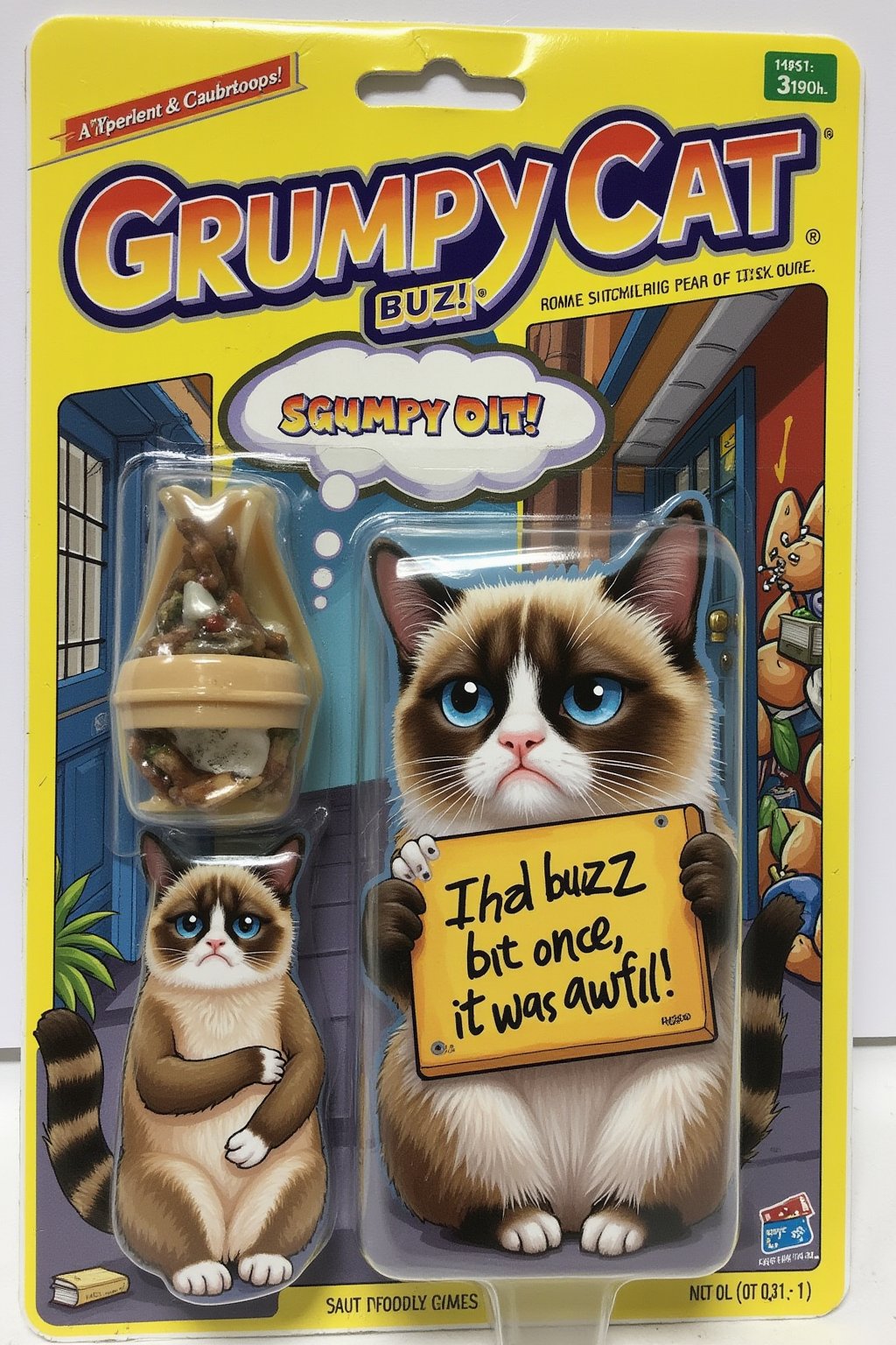 ral-afpacking. An unopened package featuring "Grumpy Cat," a sad-looking Grumpy Cat with teary eyes, holding a small sign that reads "Awfull Buzz." Grumpy Cat is posed sitting down with a pitiful expression, and a droopy posture. The packaging is brightly colored, with cartoonish illustrations of the Grumpy Cat on the sides and a speech bubble on the front that says, "I had buzz once, it was awfull!" The background inside the package shows a city alley, emphasizing Grumpy Cat's plight. The title "Grumpy Cat" is written in bold, playful letters at the top, with the tagline "Grumpy for Buzz!"