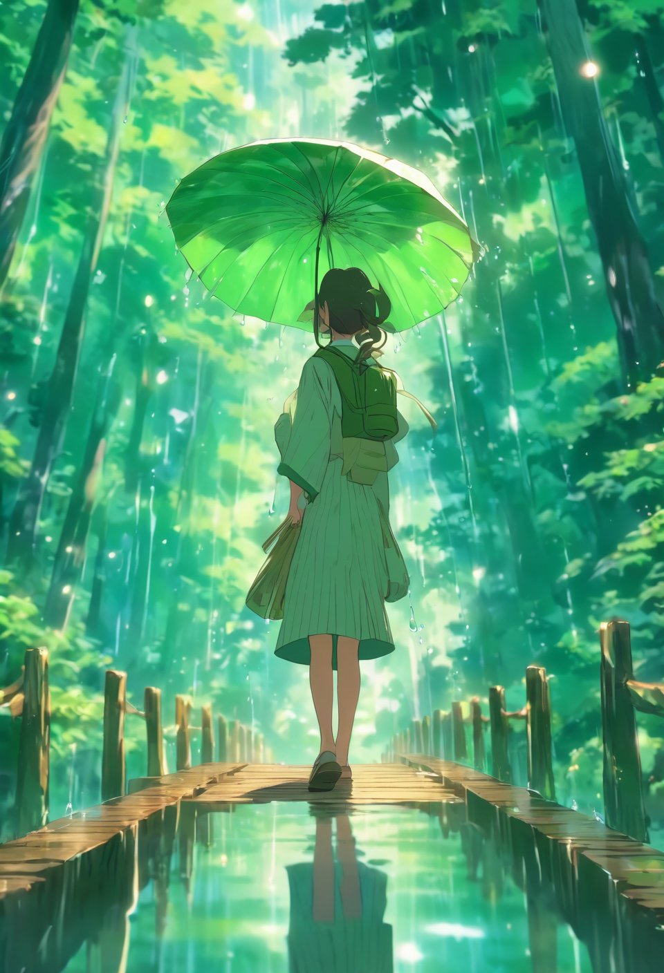 Anime illustration of a Japanese schoolgirl holding a transparent umbrella. She is walking across a wooden bridge, with her reflection on the wet ground. The background is a lush emerald forest.