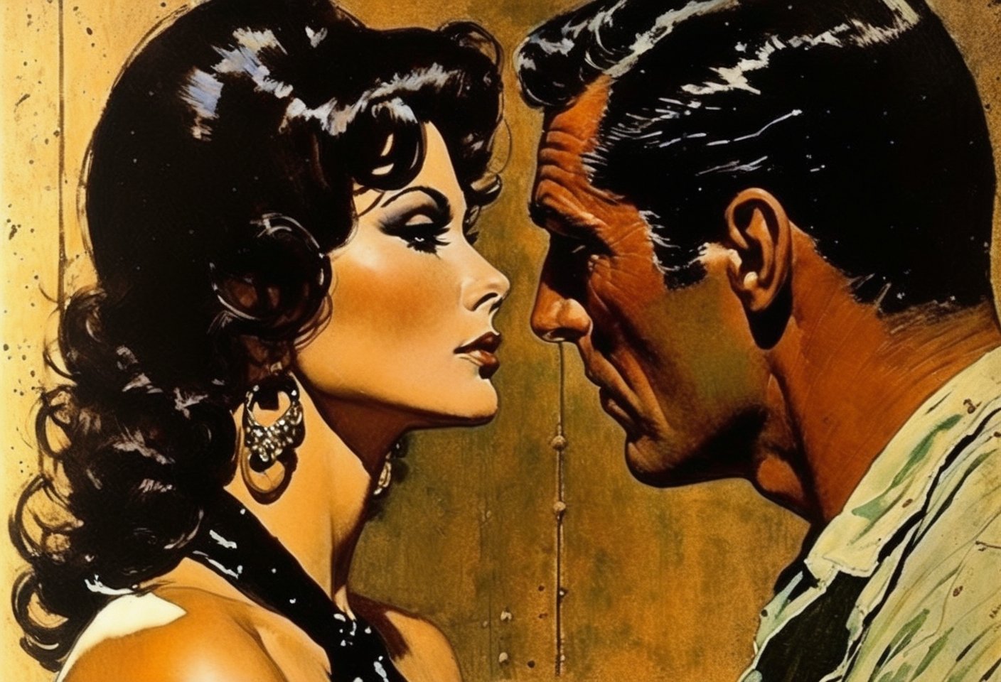 Art by Robert Mcginnis. Closeup of a couple staring intensely at each other.