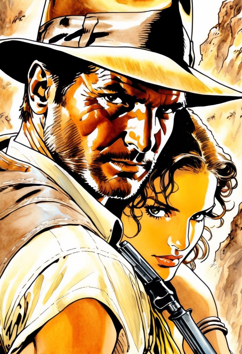 Close up of Indiana Jones hugging Lara Croft,  art by Milo Manara,  highly detailed by NobodyButMeow on Tensor.Art