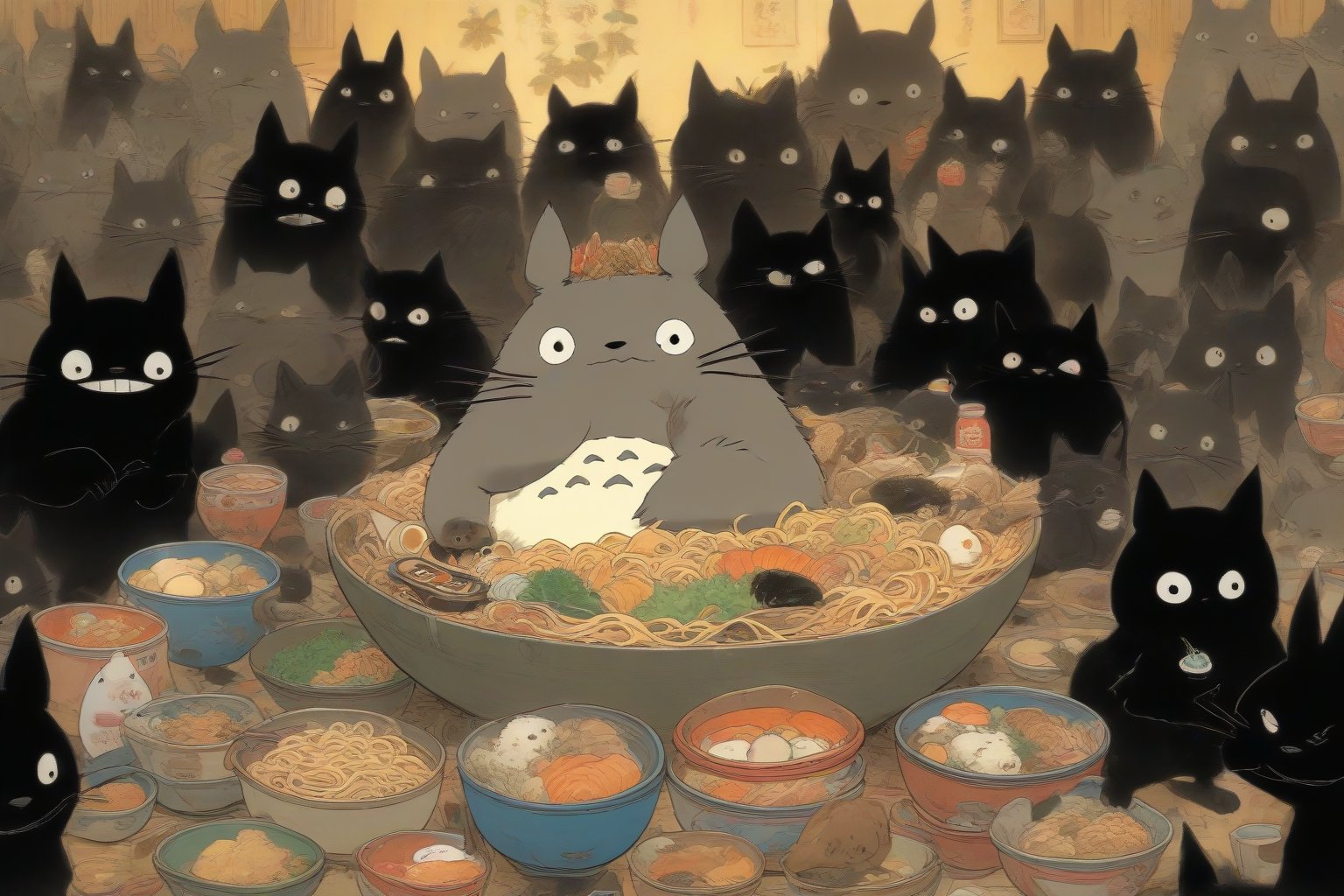 Anime artwork. Totoro eating a bowl of ramen, surrounded by a group of black cats