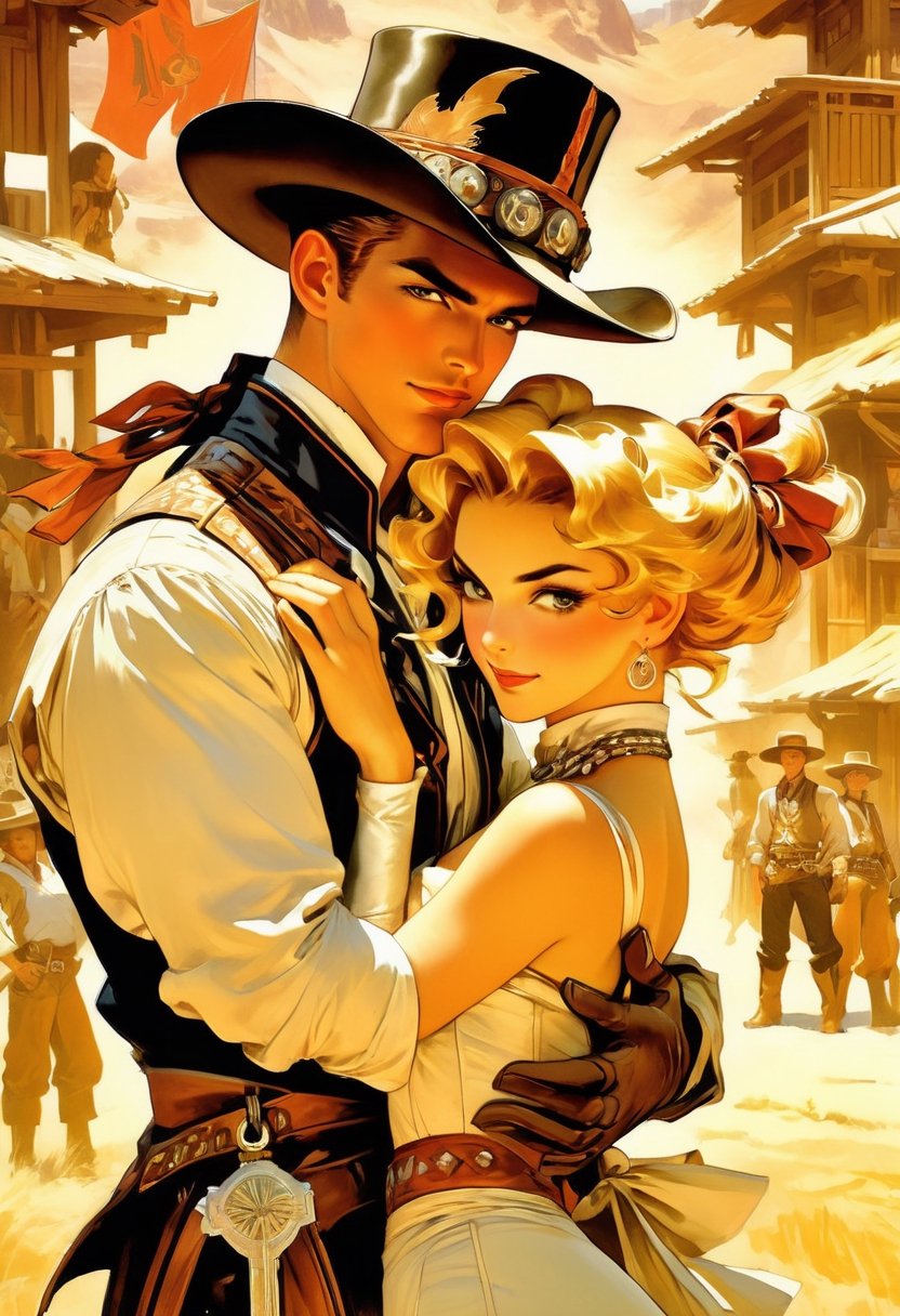Anime artwork. only Couple in the far west,  art by J.C. Leyendecker,  anime style by NobodyButMeow on Tensor.Art