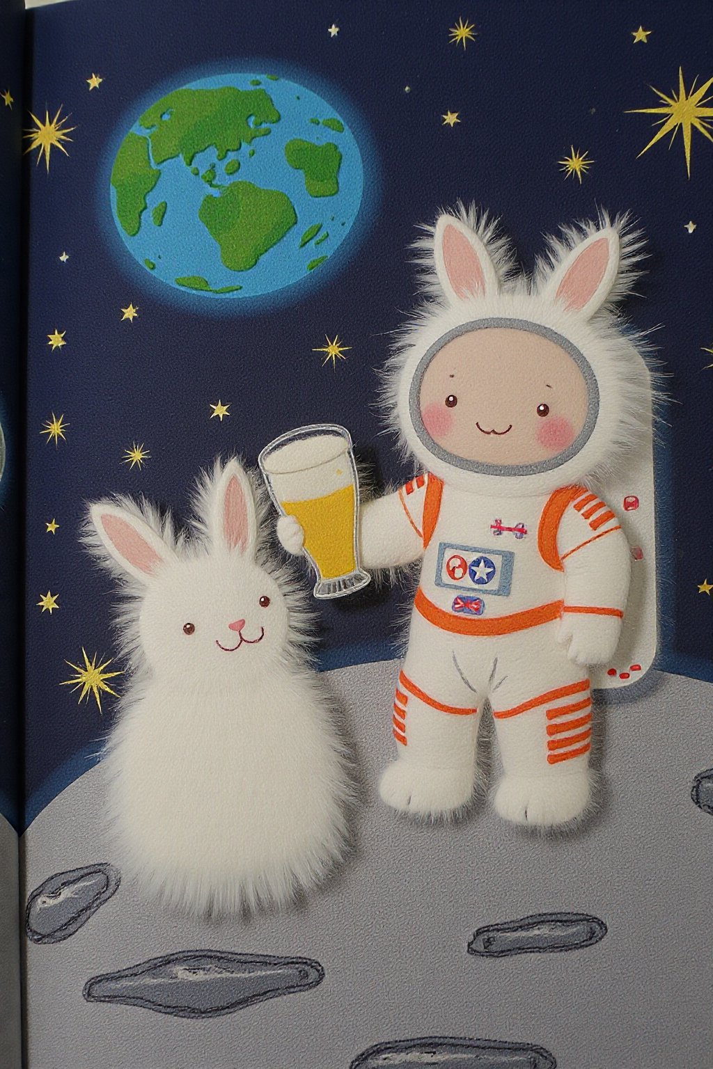 Felt material, suitable for illustrations in children's picture books. A fluffy and cute little white rabbit is drinking beer with an astronaut on the moon,   Background is the blue planet Earth and stars.