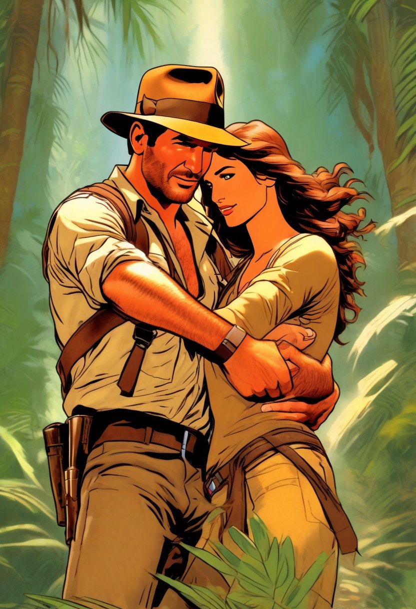 Indiana Jones hugging Lara Croft,  color Illustration by NobodyButMeow on Tensor.Art