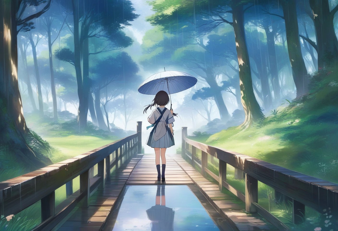 Anime illustration of a Japanese schoolgirl, backview, donning her iconic uniform and holding a transparent umbrella. She gracefully walks across a wooden bridge, with the reflection of her steps visible on the wet ground below. The background is a lush, mystical forest with towering trees and a soft, ethereal glow. The overall atmosphere is serene and enchanting, capturing the essence of a magical, rainy day in Japan. Dreamyvibes Artstyle