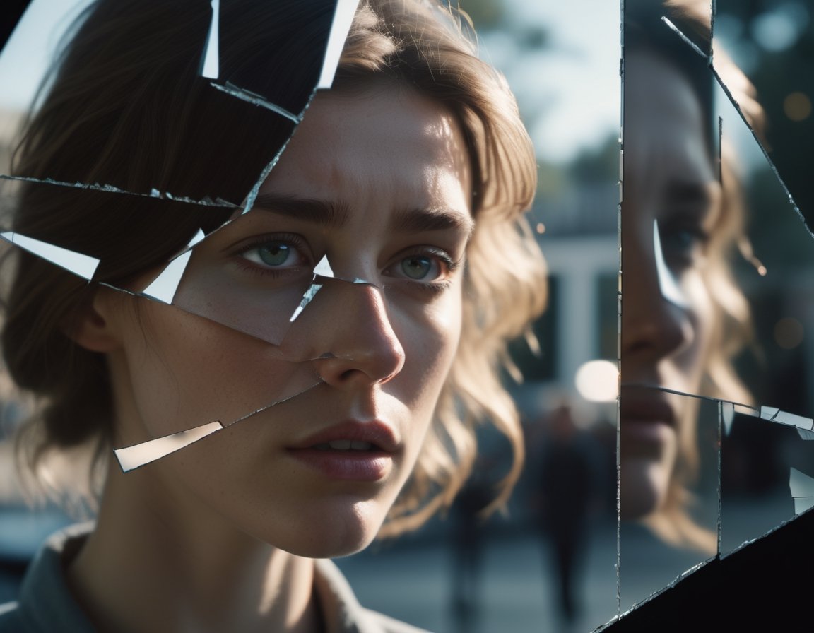 shattered mirror,  reflect,  girl's face,  cinematic shot + dynamic composition,  incredibly detailed,  sharpen,  details + intricate detail + professional lighting,  film lighting + 35mm + anamorphic + lightroom + cinematography + bokeh + lens flare + film grain + HDR10 + 8K + Roger Deakins,  ((cinematic))