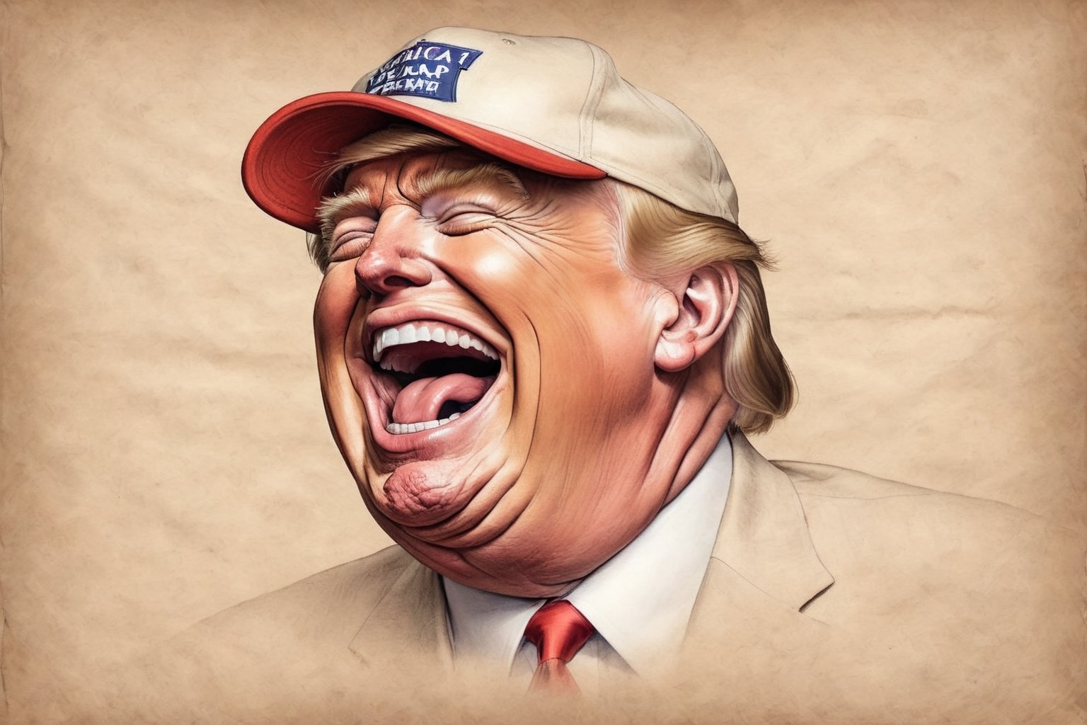 Close up of Donald Trump laughing with his mouth open, wearing MAGA baseball cap, on parchment