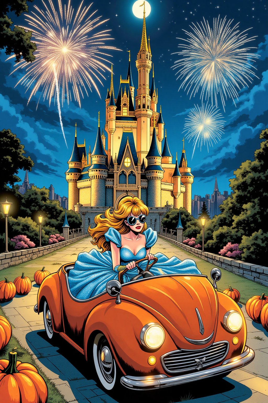 In style of comic book. An illustration of of Cinderella driving pumpkin-shaped car as she heads to the ball. Cinderella, dressed in her sparkling blue gown, wears cool aviator sunglasses, adding a modern and edgy twist to her classic look. The car is round and shaped like a giant pumpkin. In the background, a majestic castle stands illuminated under the night sky, with bright fireworks bursting above it. The road leading to the castle is lined with glowing pumpkins, adding a magical touch. The vibe is a mix of fairytale magic and modern cool. Soft moonlight, vibrant fireworks, modern fairytale aesthetic, whimsical yet stylish.