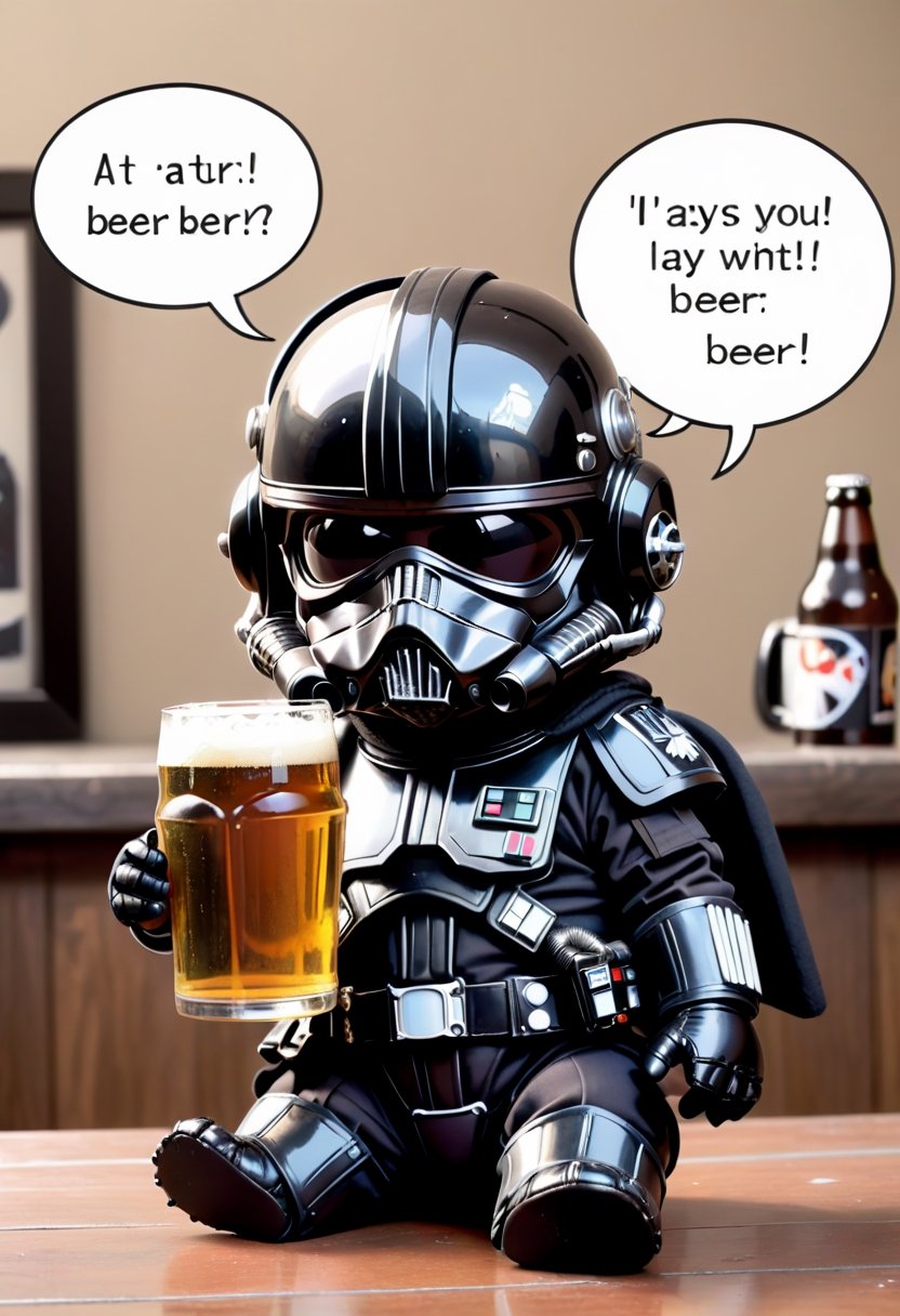 Baby Tie Pilot from Star Wars,  drinking beer,  Comic strip speech bubble says "BEER". by NobodyButMeow on Tensor.Art