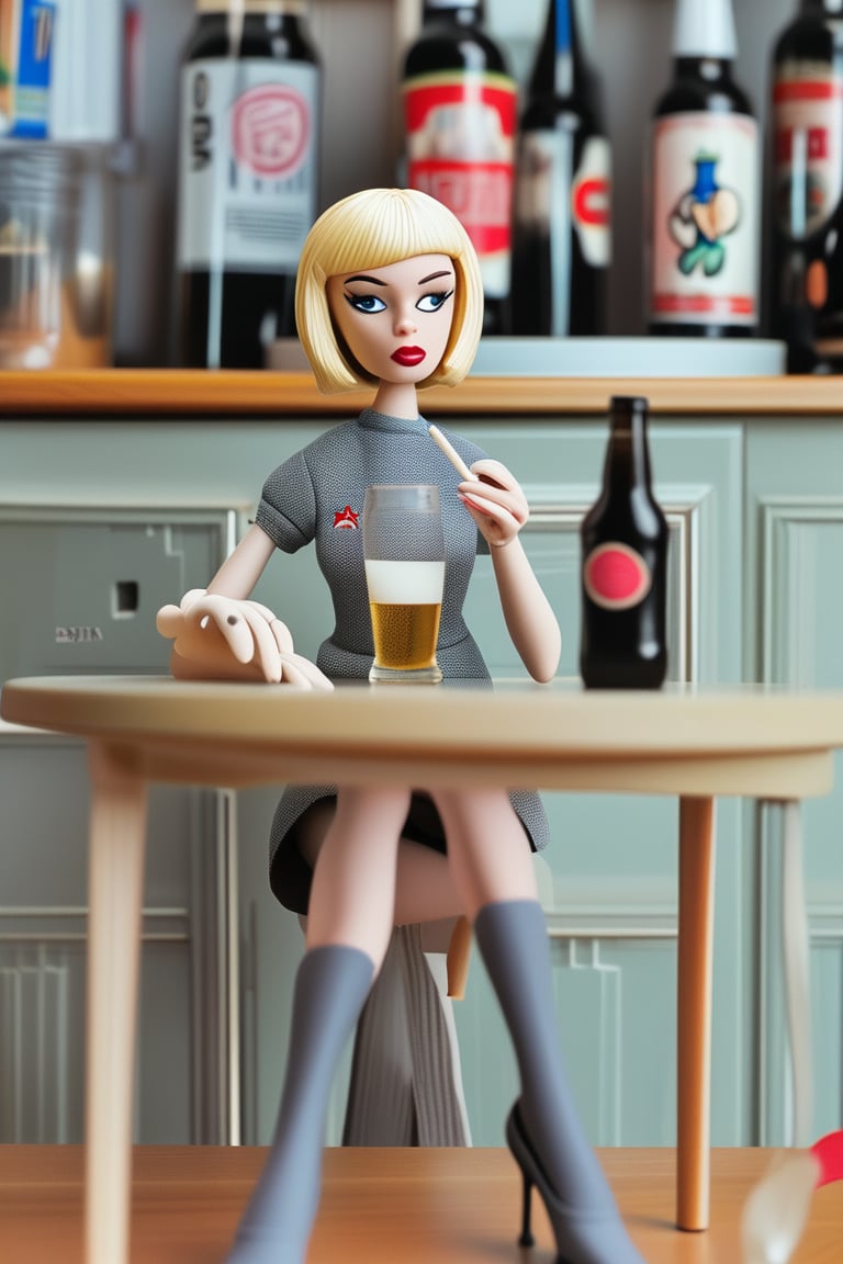 Action figure toy of a blonde female with bob haircut, smoking, wearing Mary Quant dress, grey tights flat shoes. Background is the toy box with label "Patxi", pack of cigarettes , big dog white retriever, accessory and bottles of beer, sitting next to a round table bar