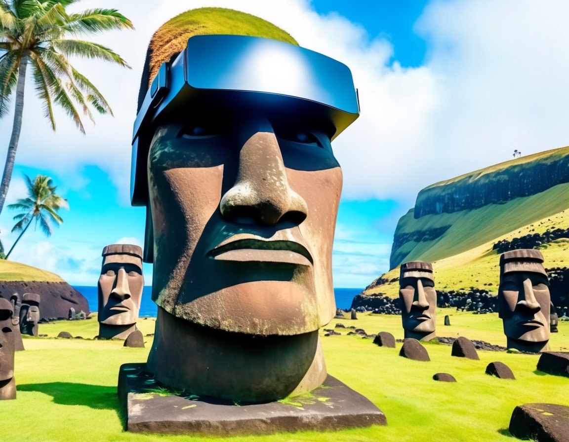 Easter Island statue, wearing VR Helmet