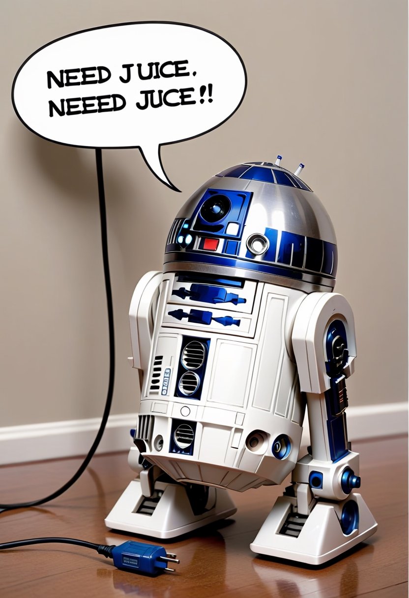 Baby R2D2,  extends probe into electric outlet,  Comic strip speech bubble says "NEED JUICE". by NobodyButMeow on Tensor.Art