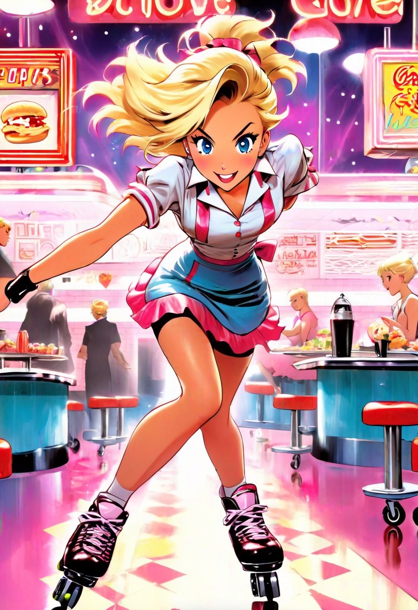 Anime Artwork,  blonde waitress,  roller skating by NobodyButMeow on Tensor.Art