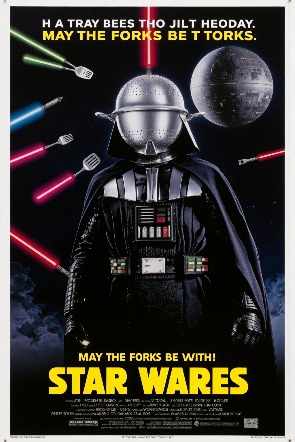 A vintage movie poster titled "Star Wares,  " featuring Darth Vader with a kitchen colander hilariously replacing his icon...