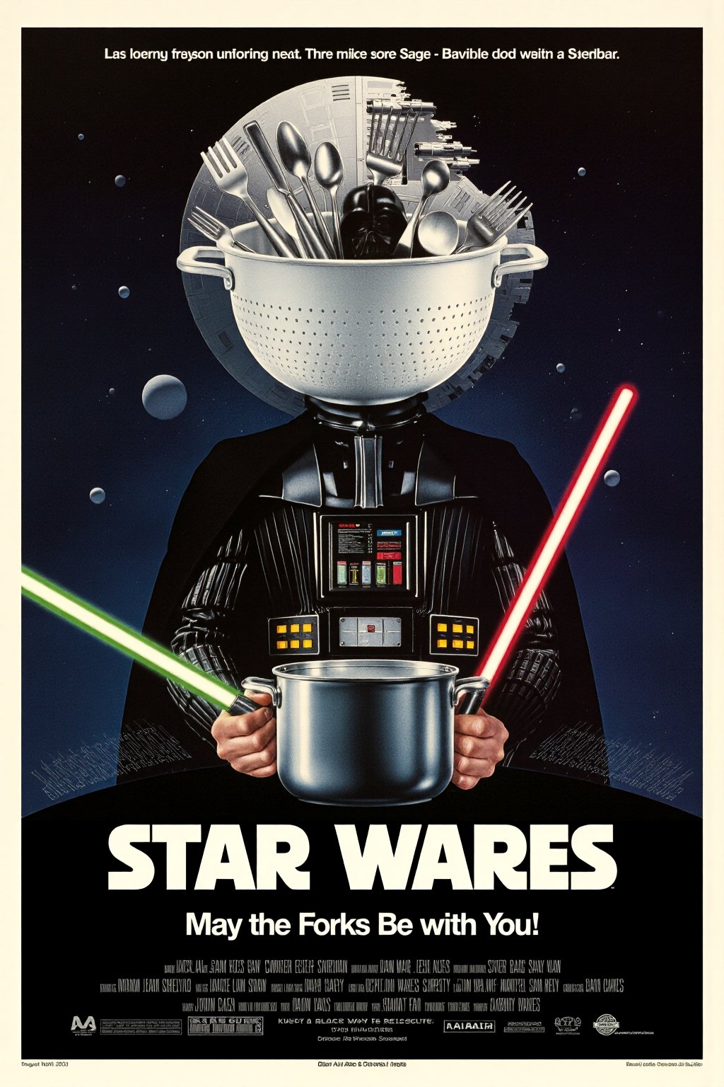 A vintage movie poster titled "Star Wares,  " featuring Darth Vader with a kitchen colander hilariously replacing his icon...