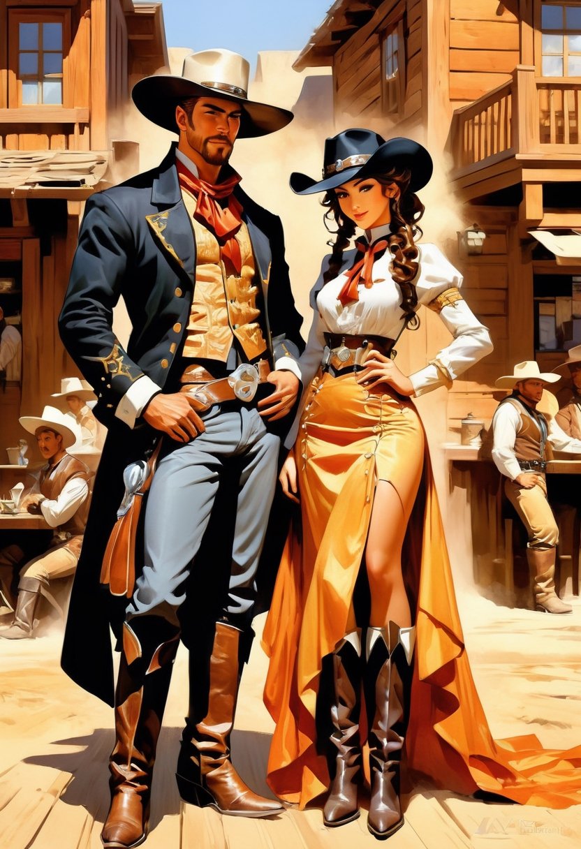 Anime artwork. only Couple in the wild west,  outside of saloon,  art by J.C. Leyendecker by NobodyButMeow on Tensor.Art