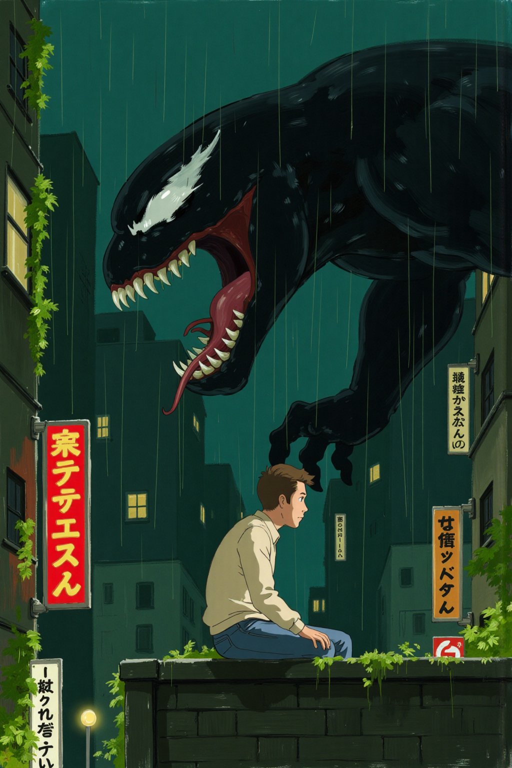 ghiblify anime. KikiLaPetiteSorciere style image. Sketch painting. ghiblistyle. A rainy night scene in a Japanese urban setting. A man in profile, is looking up in surprise at the looming and towering profile of Venom who advances on the same structure. The man wears a light beige long-sleeved shirt, blue jeans, and red shoes. Venom is depicted in his classic form: large, black, and muscular with a toothy grin, long red tongue, and white, menacing eyes. Heavy rain is falling and everyone is soaking wet. The background features a dense array of multi-story buildings with glowing windows and Japanese signage. Two vertical signs are prominent in the foreground. One, directly behind the man, is red with gold-colored characters (presumably Kanji). The other, on the lower left edge, is a lighter color with darker vertical text. The scene is filled with dark greens and blues, giving it a nocturnal and slightly melancholic atmosphere. Greenery, like vines and leafy plants, grows on the buildings and the structure where the man sits, contributing to the Ghibli aesthetic.,